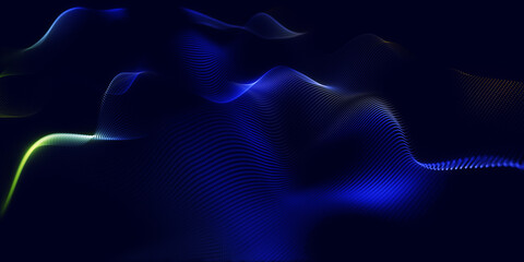 Abstract colorful digital particles wave with bokeh and light background, 3d render wave line dot background, line wave light glowing effect particular background.