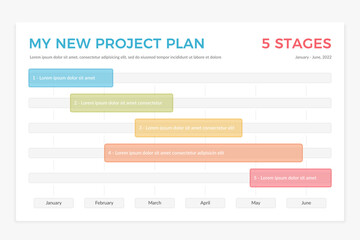 Fototapeta na wymiar Gantt chart, project timeline with five stages, infographic template
