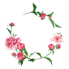 Watercolor floral wreath with peonies, buds and leaves isolated on white background. Hand-drawn romantic illustration perfect for design wedding and Valentine's Day greetings, invitation cards.