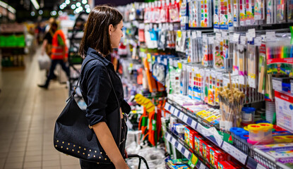 Portrait of young woman choosing school stationery in supermarket.