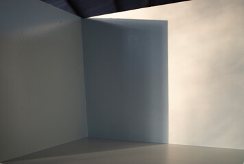 Light and shadow in the backdrop of an open white room.