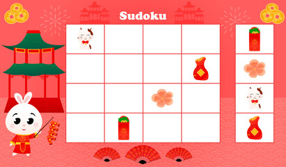 Sudoku game for kids with cute rabbit in traditional chinese costume and holding firecrackers, logical worksheet