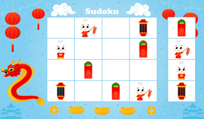 Sudoku game for kids with cute dragon and lantern, printable logical worksheet for children book in cartoon style