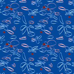 Seamless pattern of flowers drawn by line markers on a blue background. For fabric, sketchbook, wallpaper, wrapping paper.