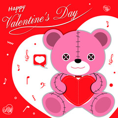 vector illustration of a teddy bear holding a heart Red background, musical notes, geometric shapes, for use in love festivals and valentines day.