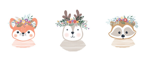 Set vector illustration of cute little fox,fawn and a raccoon. Baby picture, print on clothes.Flat design.