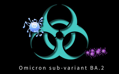 STEALTH OMICRON. Sub lineage. Digital virus image. COVID-19 VARIANT BA.2, new threat. 3D ILLUSTRATION. Coronavirus drawing cartoon. The 15th letter of the Greek alphabet.