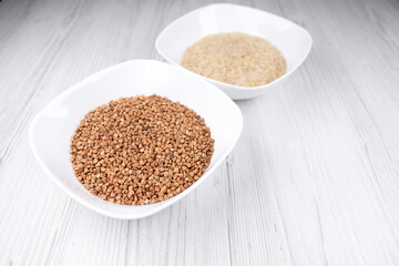 Rice and buckwheat in a bowl free space