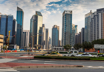 Naklejka premium Dubai, UAE - 01.19.2021 - Early morning hour in Business Bay district. City