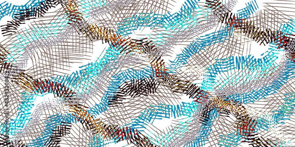 Poster groups of intersecting colored segments create wavy lines on a white background. abstract background