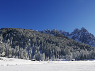 scenico panorama dolomitico con la natura innevata