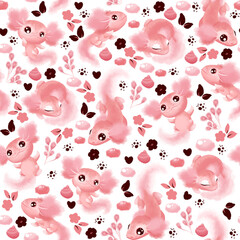 Watercolor pink axolotl hearts, flowers, leaves, rocks for kid's design of different products like children party invitations, fabric, paper products etc. Seamless pattern