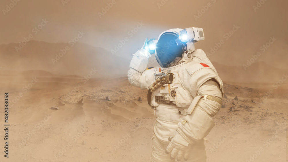 Aufkleber spaceman astronaut in a space suit with a helmet explores the red planet of mars and turns on a flas