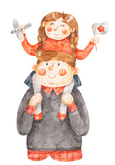 Watercolor illustration of father and daughter. Hand-drawn picture for Father's Day