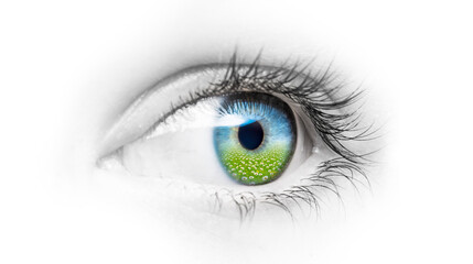 Auge mit einer Pupille aus einer grünen Landschaft mit Blumen