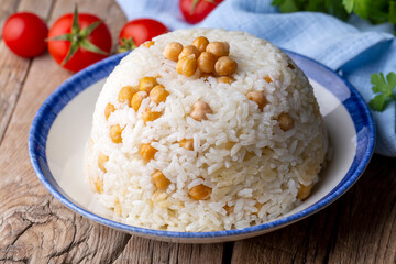 Turkish Rice with chickpea served, Turkish name; Nohutlu pilav or pilaf