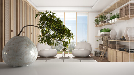 White mat table shelf with round marble vase and potted bonsai, green leaves, over living room with armchair, big window, modern interior design, zen clean architecture concept idea