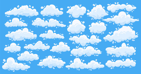 Cartoon clouds. Cute simple summer clouds on blue sky, flat white game elements. Vector set