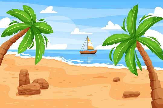 Sea beach landscape. Cartoon island scene with ocean shore and palm trees. Vector summer vacation background