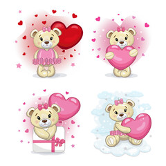 A set of cute teddy bear girls with a pink  hearts. Teddy bears cute set. Vector cartoon illustration for Valentine's day or birthday.
