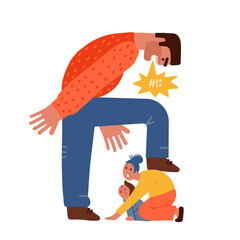 Scared woman protect herself and her child from cruel mad husband. Angry furious man scream and threaten afraid wife and kid. Domestic violence and abuse concept. Flat hand drawn vector illustration.