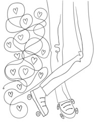 legs close up on roller skates, and an abstract drawing of the route of a roller ride. vector illustration