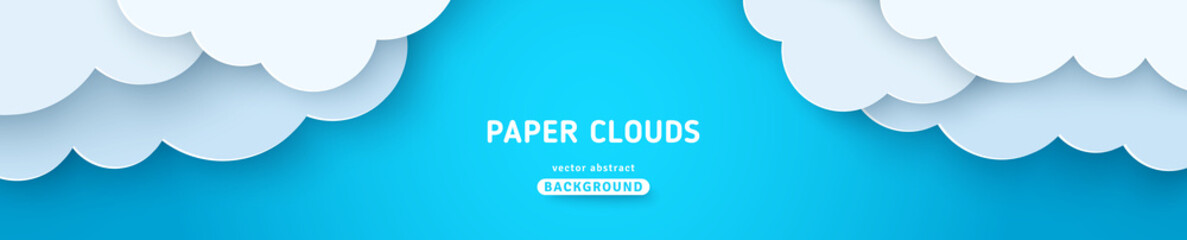 Beautiful fluffy clouds on blue sky background. Vector illustration. Paper cut style. Place for text. Summer day paperart long banner header. Spring morning, cartoon cumulus, drawing