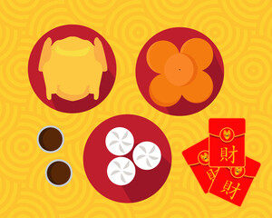 Top view: Food for celebrate Chinese New Year and Chinese lucky red pocket and tiger face: Happy Chinese new year 2022 concept. (Translation: Wealth)