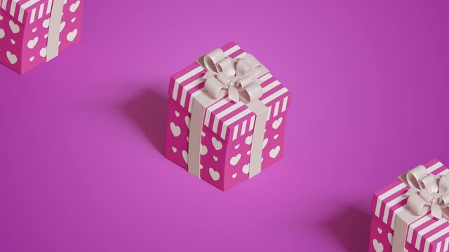 Cute jumping present boxes, paper bows dynamic animation. Bright pink, white colored gifts with heart shapes, stripes pattern, purple background. Cartoon style festive video. Celebration 3D Render, 4K