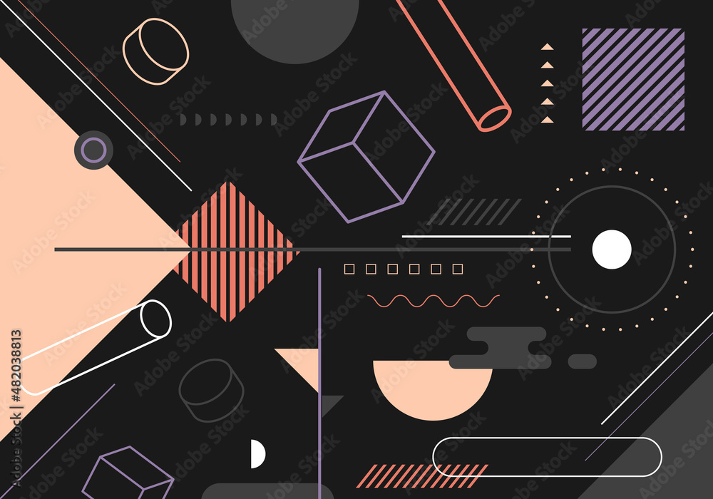 Wall mural abstract trendy elements simple 3d geometric forms pattern on black background