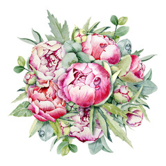 Bouquet of peonies, round floral frame, wreath. Hand drawn watercolor illustration isolated on white background. Flowers and leaves of eucalyptus for the design of postcards, congratulations