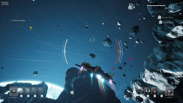 Space Shooter 3D Video Game imitation With Interface. The Spacecraft In Space. Planet Jupiter Asteroids And Stars On The Background