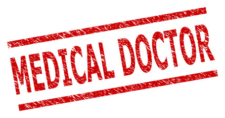 Red MEDICAL DOCTOR stamp. MEDICAL DOCTOR seal stamp with parallel line elements. Rough MEDICAL DOCTOR seal stamp in red color, with grunged style.