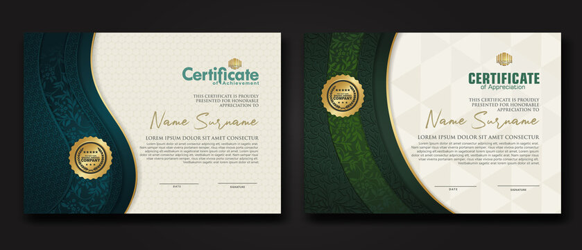 Certificate of achievement and appreciation border template with luxury badge and textured modern floral pattern. For award, business, and education needs