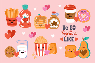 Valentines day cute funny food set Childish print for cards, stickers, apparel and party invitations