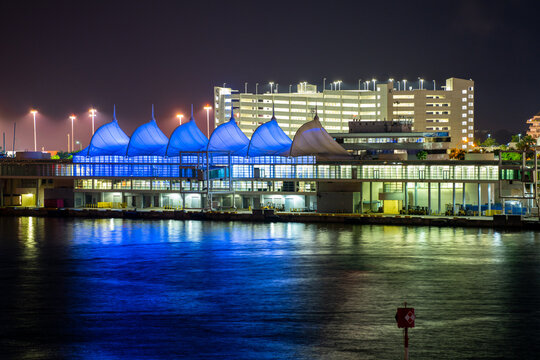 Port of Miami cruise ship terminal at night