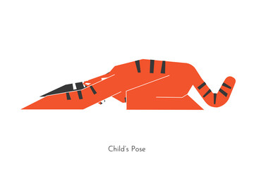 Vector flat isolated illustration with animal character learning yoga. Korean tiger does restorative asana - Child's pose. Sports restful exercise - Balasana as type of meditation and stretching