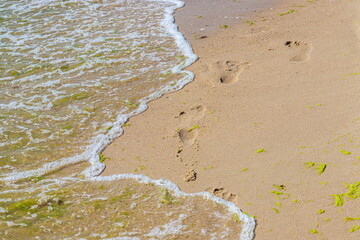Footprints of a man on the yellow beach sand from walking barefoot by the sea with water that washes away the footprints.