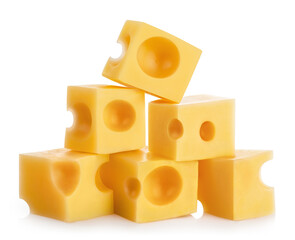 Pyramid of delicious cheese cubes, isolated on white background