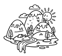 cute mountain and river view line illustration