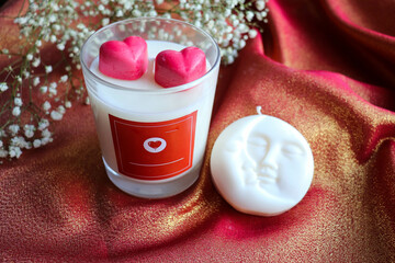 gift concept for valentine's day. set of soy candles made of natural soy wax in a gift box 