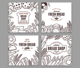 Bread labels design templates. Bakery hand-drawn banners. Bread and bakery illustrations, vector food icons