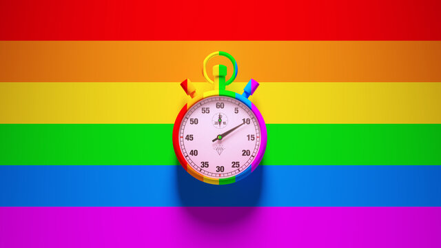 Rainbow Sports Stopwatch Gay Pride Time Clock Timer Equality Rainbow Inclusive Flag Background LGB LGBT 3d illustration render	