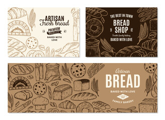 Vintage bakery banners with hand-drawn bakery products. Bread and bakery illustrations, vector food icons
