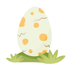 Orange spotted dinosaur egg on the grass. Little dinosaur birthday. Blue spots. Vector illustration isolated on white background