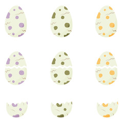 Set of spotted dinosaur eggs. Whole egg. cracked egg, half an egg