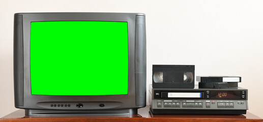 Old black vintage green screen TV from 1980s 1990s 2000s for adding new images to the screen, VCR...