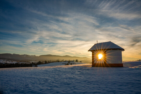 Kapelle, Sonnenuntergang, Sch&ouml;nberg, Marienkapelle, Rottenbuch, Wildsteig, Bayern, Oberbayern, Pfaffenwinkel