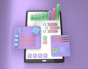 A tablet with volumetric images of applications on a purple background. Mobile app, software and web development with 3d shapes, bar graph. 3d visualization
