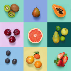 Assortment of different fruits: orange,pear,kiwi,lime,apples,papaya.Colorful collage. Fresh ripe healthy food background.
